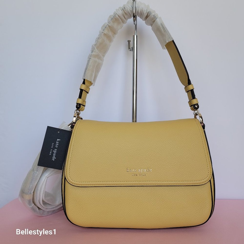KATE SPADE Hudson Pebbled Leather Medium Flap Convertible Shoulder Bag- Mullein⭐